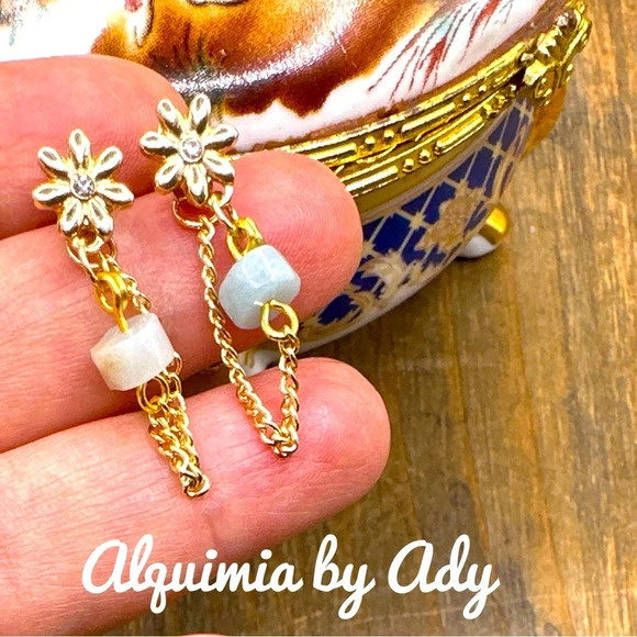 Larimar gold dainty dangle stud handmade earrings - Picture 2 of 6